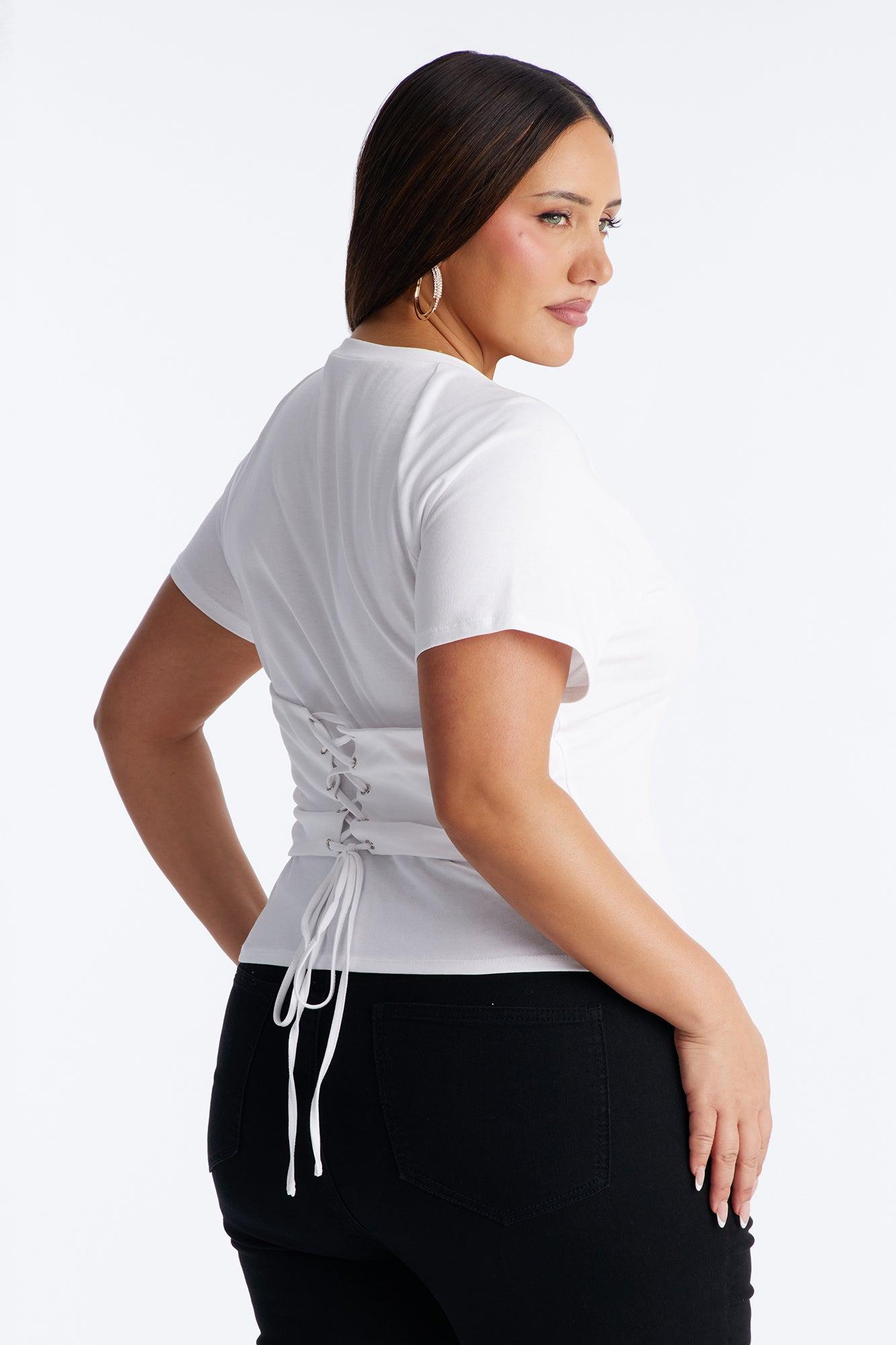 Lowkey Snatched Lace Up Short Sleeve Tee - White Female Product Image