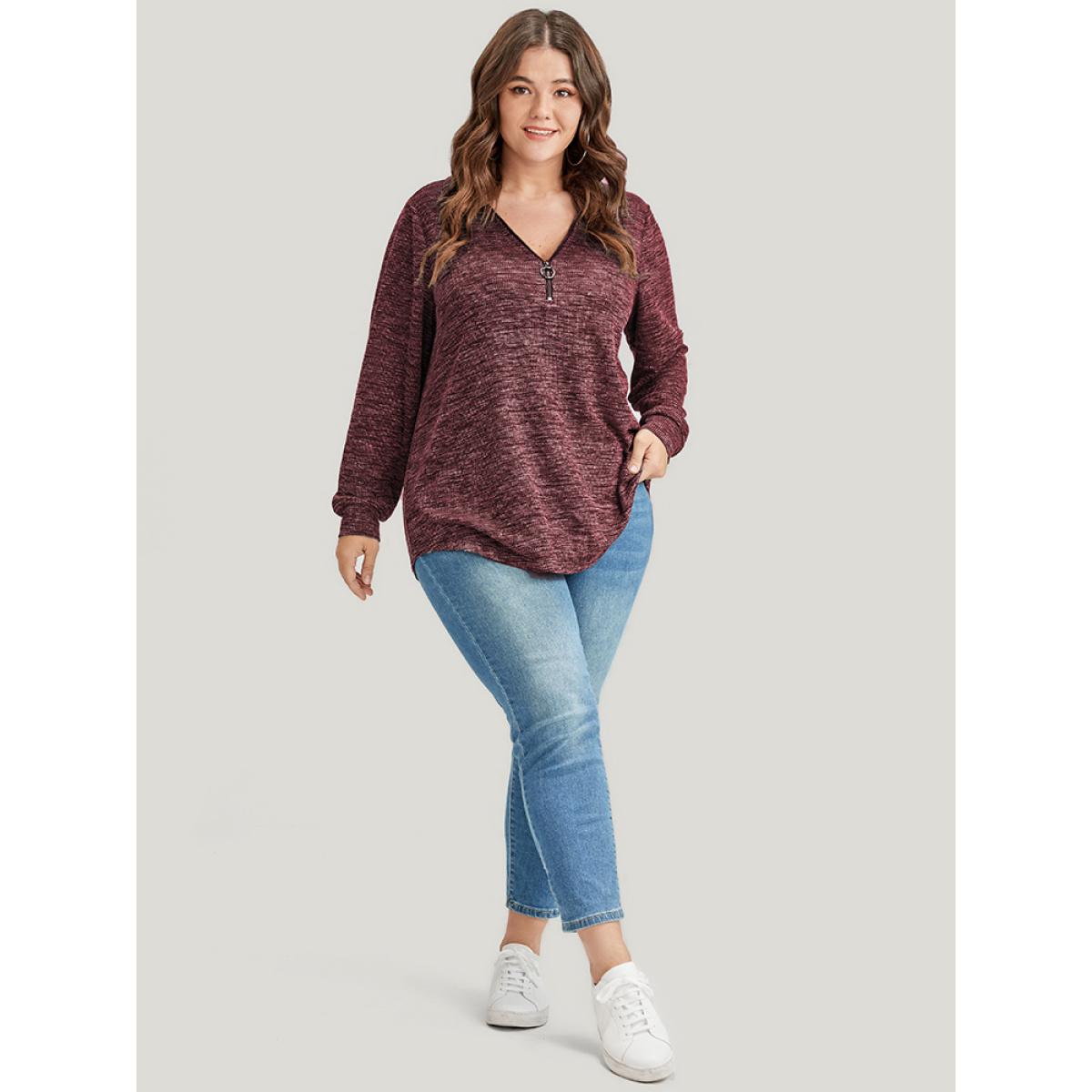 Plus Size Solid O Ring Zip Rib Knit Long Tee Burgundy Women Elegant Zipper Plain Lapel Collar Dailywear T-shirts BloomChic 14-16/1X Product Image