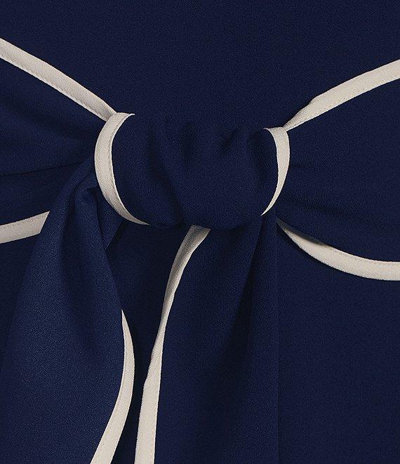 Adrianna Papell Off-the-Shoulder Short Elbow Sleeve Contrast Piping Stretch Crepe Twist Tie Waist Straight Leg Jumpsuit Product Image