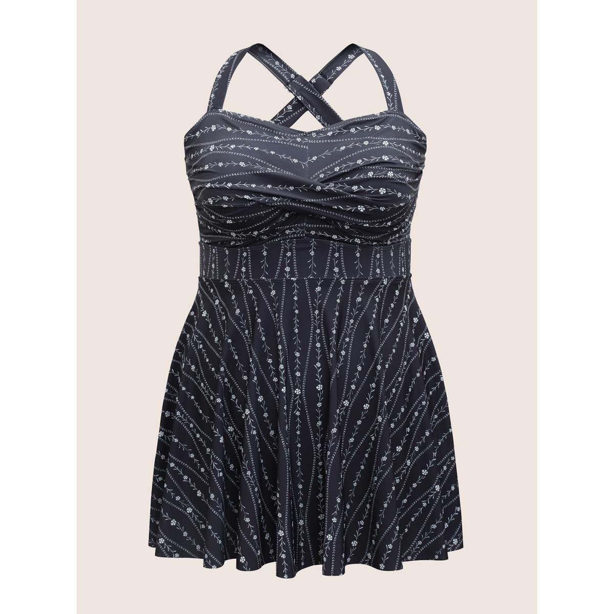 Plus Size Ditsy Floral & Geo Graphic Crossover Swim Dress Women's Swimwear Black Beach Bodycon Heart neckline High stretch Curve Swim Dresses BloomChic 30/6X Product Image