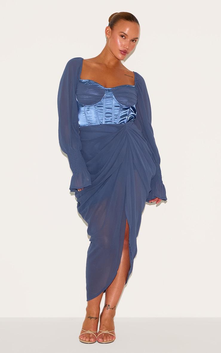Plus Mineral Blue Satin Insert Draped Chiffon Midi Dress Product Image