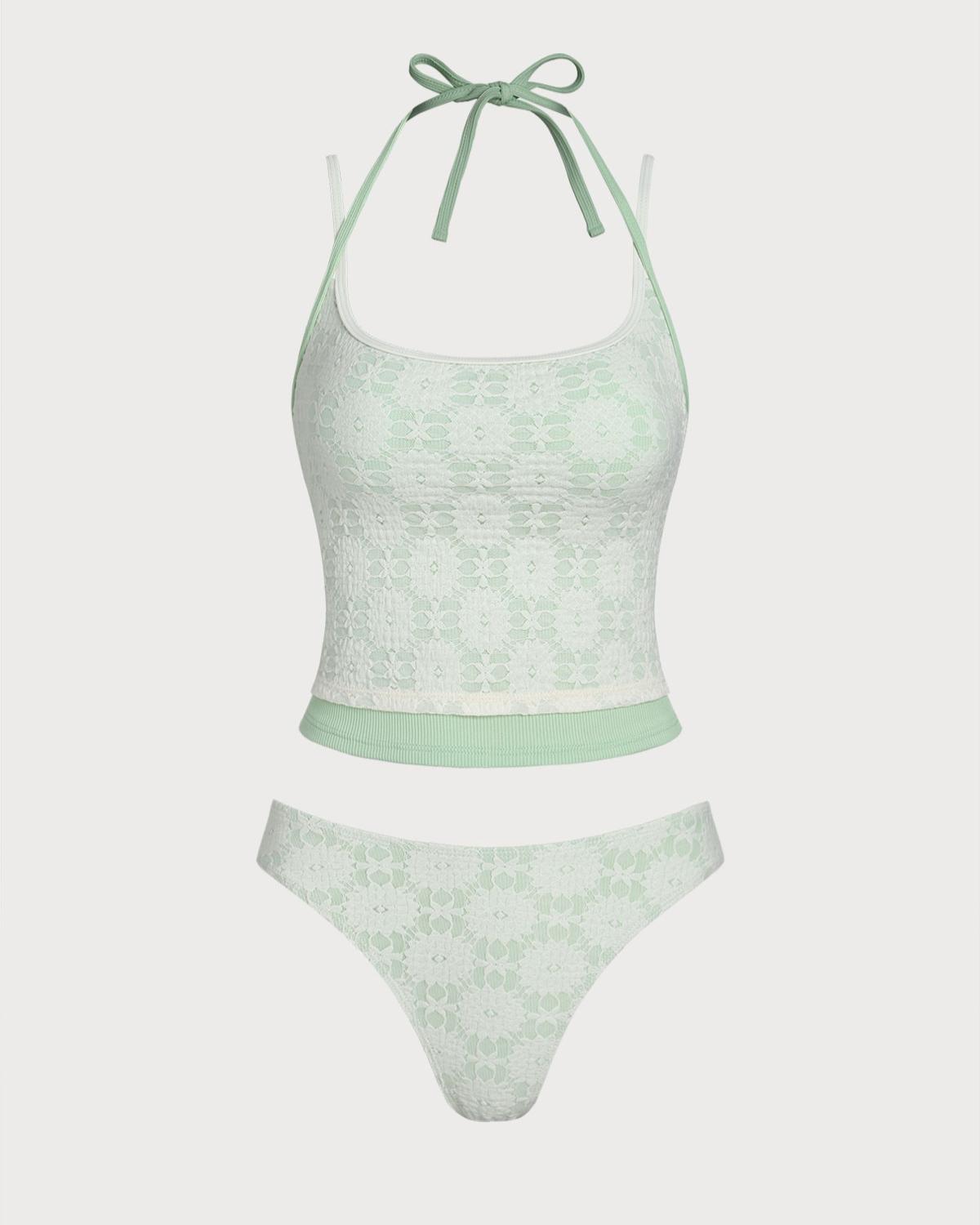 Green Contrast Lace Tankini Swimsuit Product Image