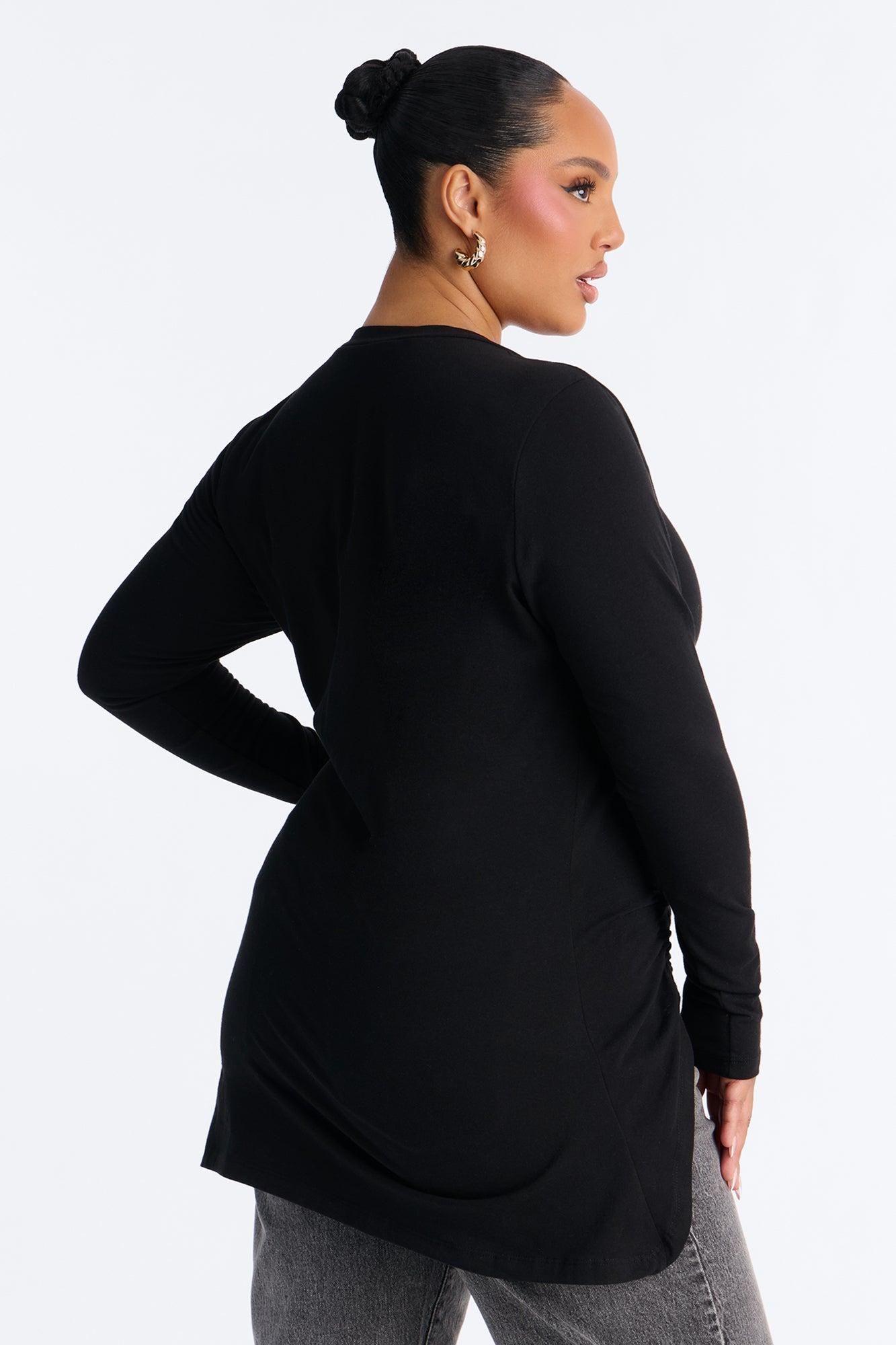 Soft Allure Ruched Asymmetrical Long Sleeve Top - Black Female Product Image