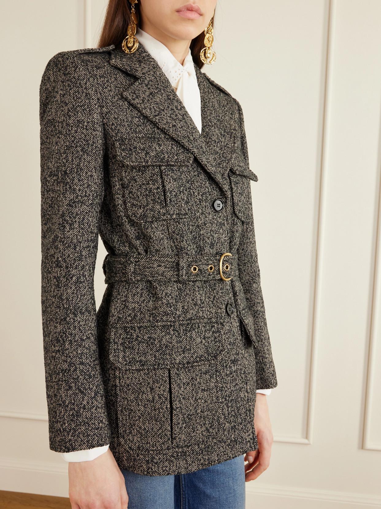 CHLOÉ Belted Herringbone Wool-blend Jacket In Brown Product Image