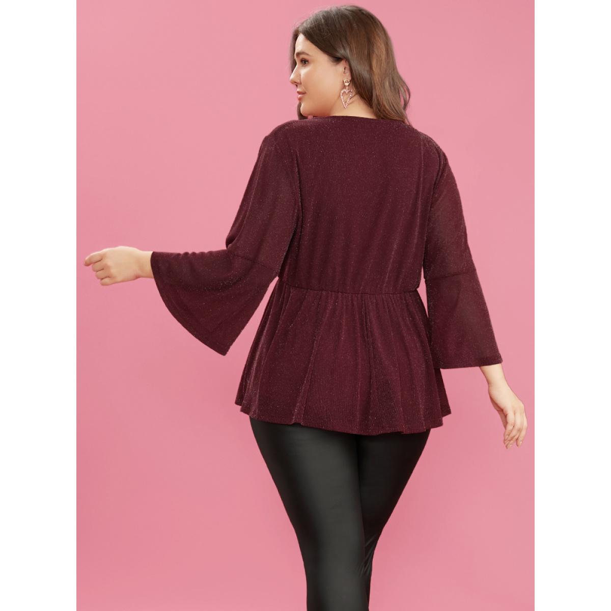 Plus Size Scarlet Solid Surplice Neck Bell Sleeve Glitter Blouse Women Glamour Elbow-length sleeve V-neck Dailywear Blouses BloomChic 10/M Product Image