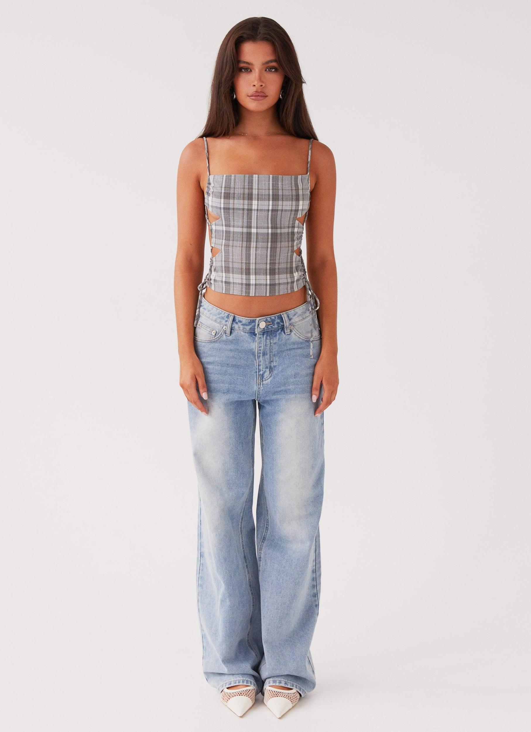 Trista Tie Top - Grey Tartan Product Image