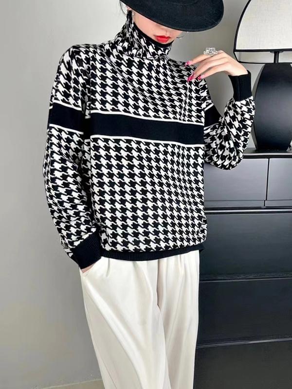 Long Sleeves Loose Contrast Color Houndstooth Split-Joint High Neck Pullovers Sweater Tops Product Image