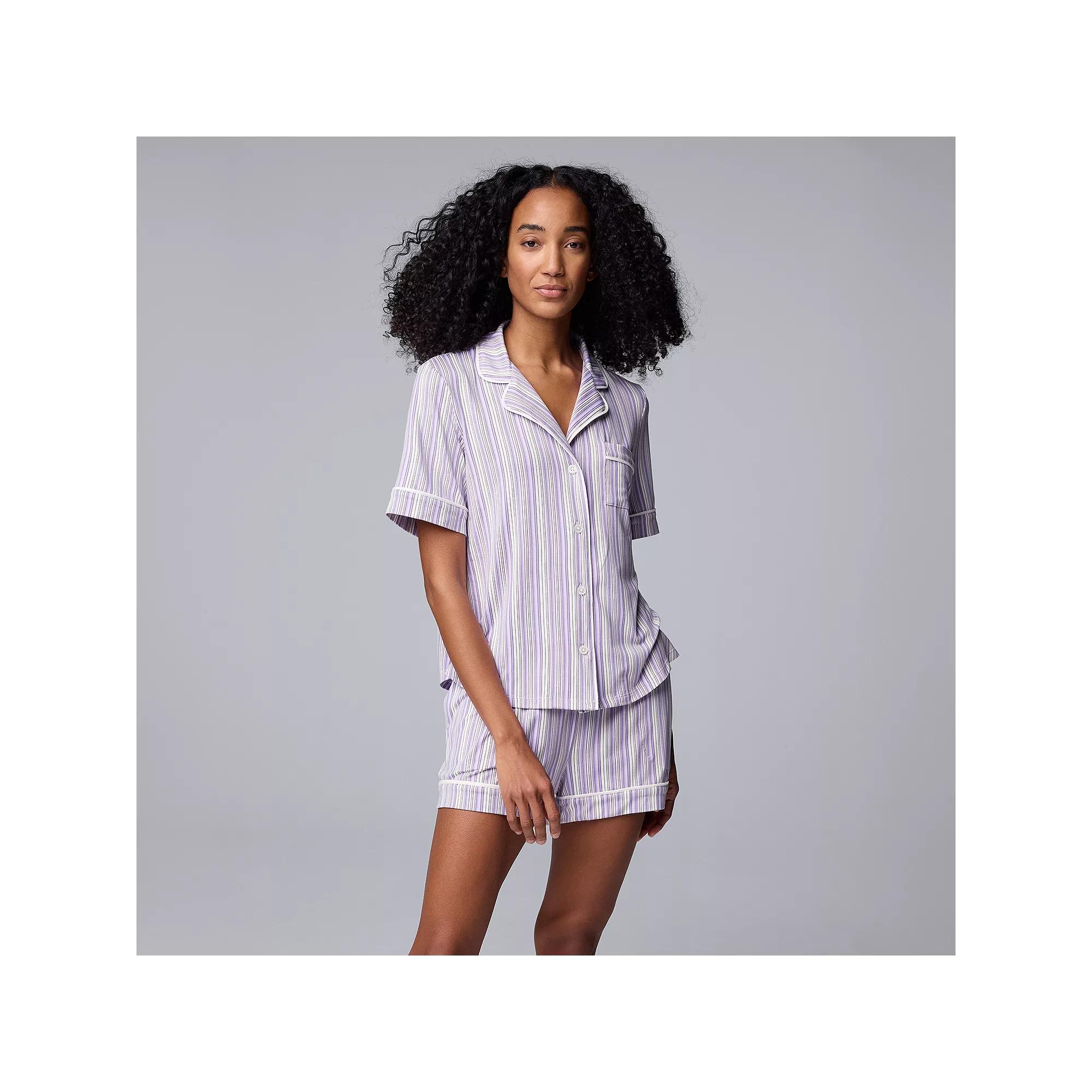 Women's Simply Vera Vera Wang 2-Piece Short Sleeve Notch Collar Pajama Top & Boxer Pajama Bottoms Set, Size: Medium, Purple Stripe Product Image