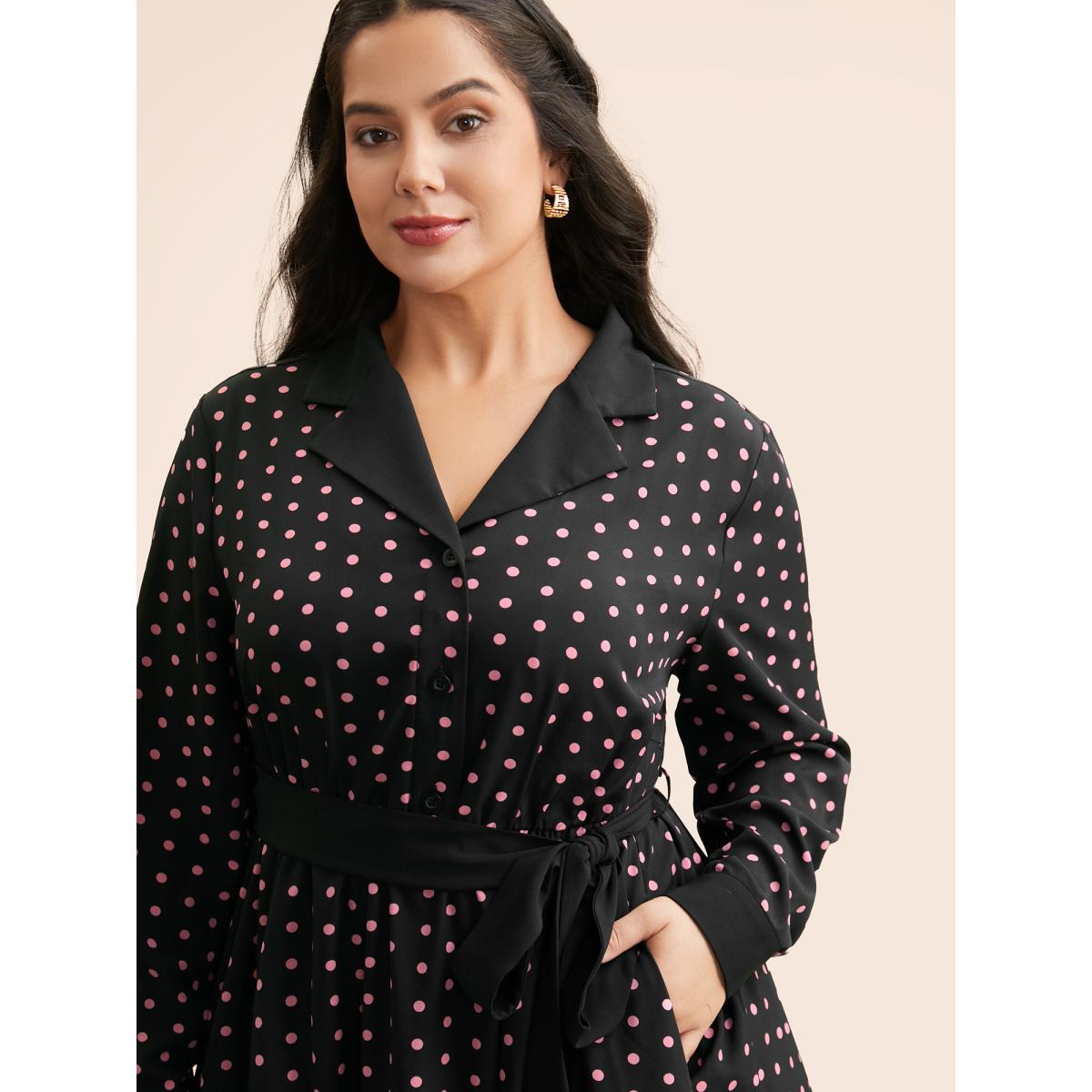 Plus Size Polka Dot Suit Collar Belted Dress Black Women Elegant Belted Suit Collar Long Sleeve Curvy BloomChic 12/L Product Image