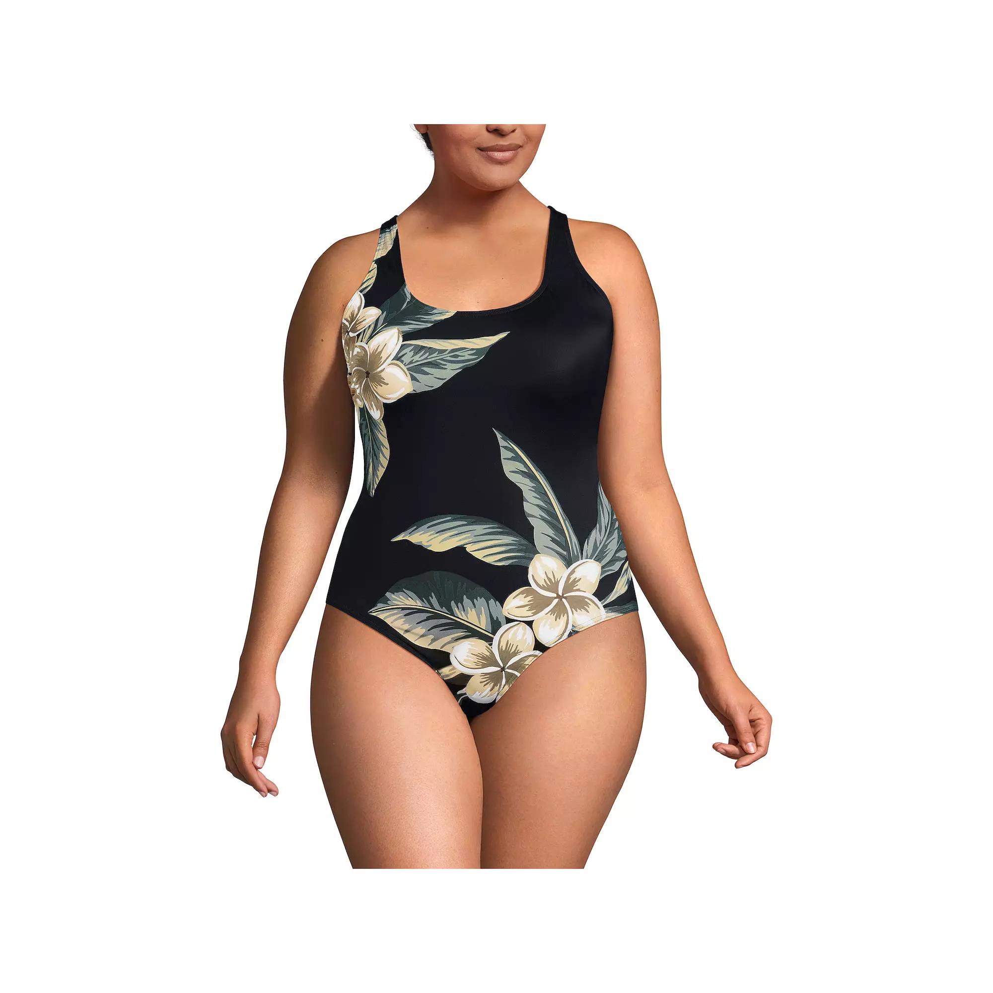 Plus Size Lands' End Tugless Sporty One Piece Swimsuit, Women's, Size: 18 W, Black Plumeria Product Image