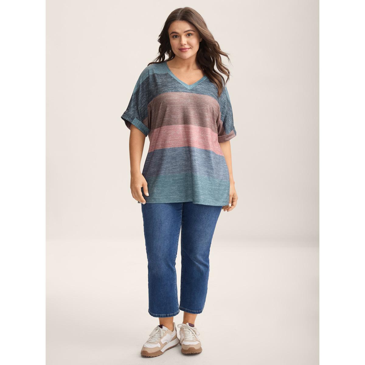 Plus Size Multi-Color Summer Stripes T-Shirt Stone Women Leisure Contrast V-neck Casual T-shirts BloomChic 26/4X Product Image