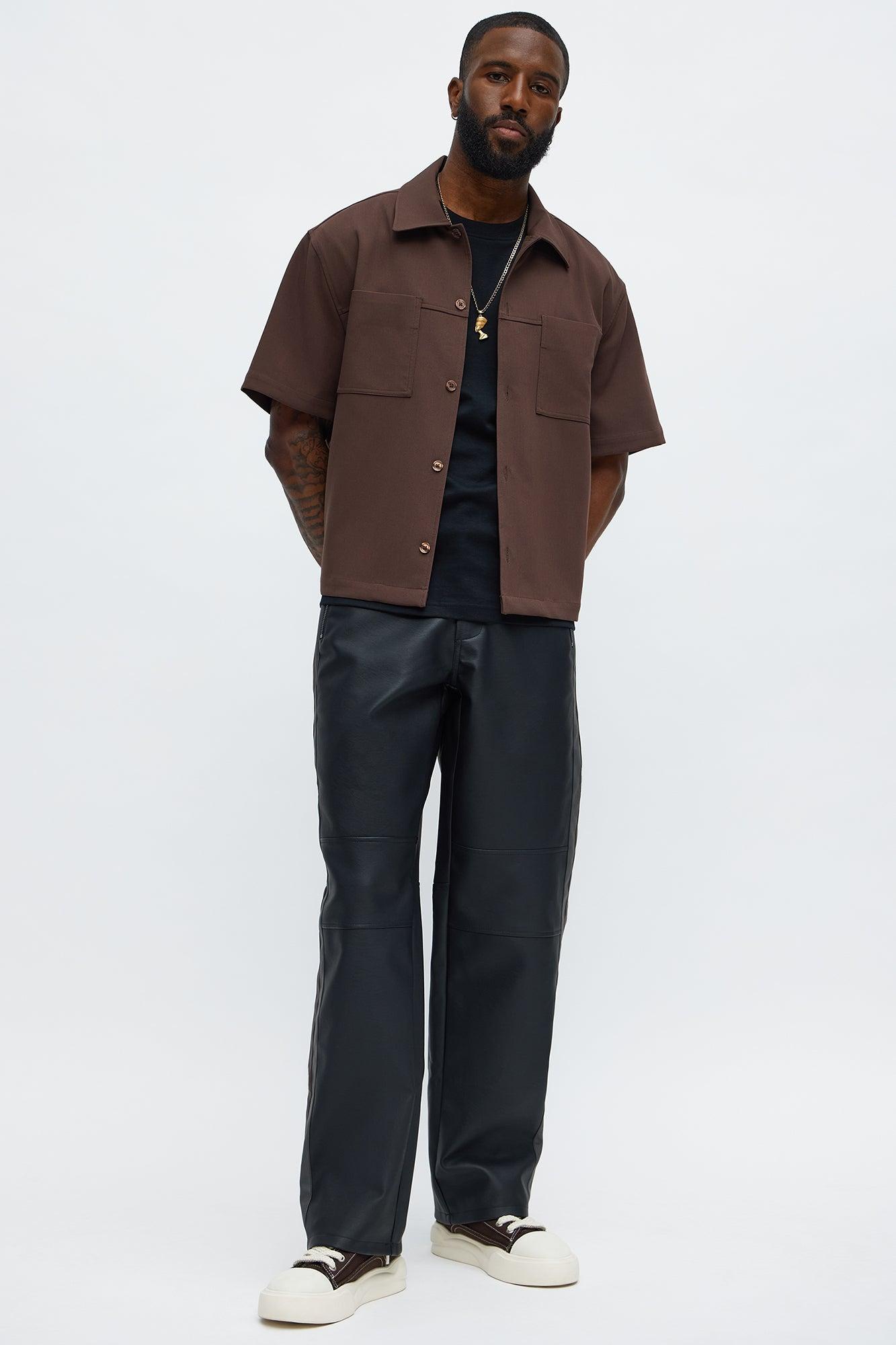 Relaxed Straight Two Way Panel Faux Leather Pants - Black/combo Male Product Image