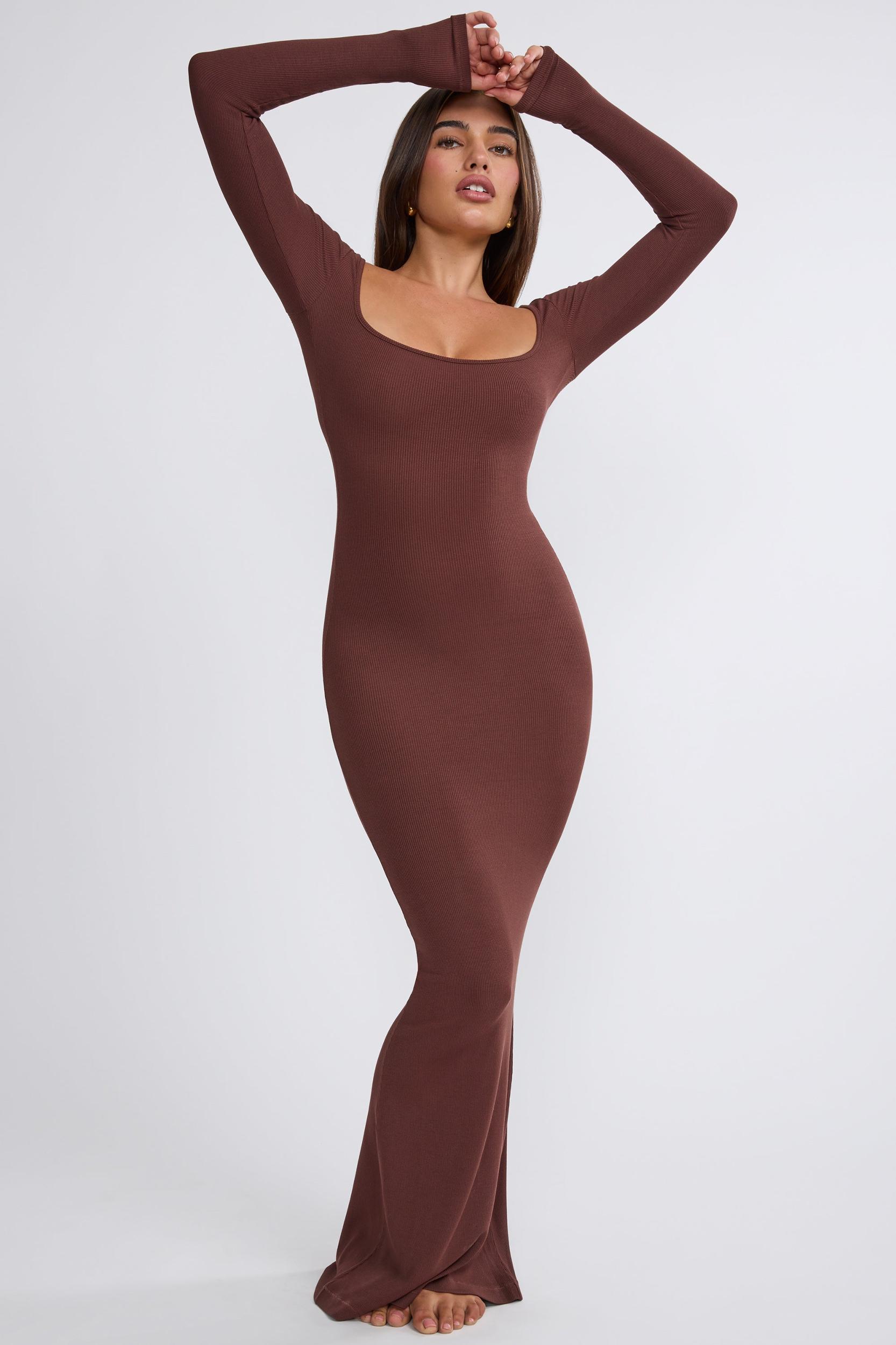 Ribbed Modal Long Sleeve Maxi Dress in Chocolate Product Image