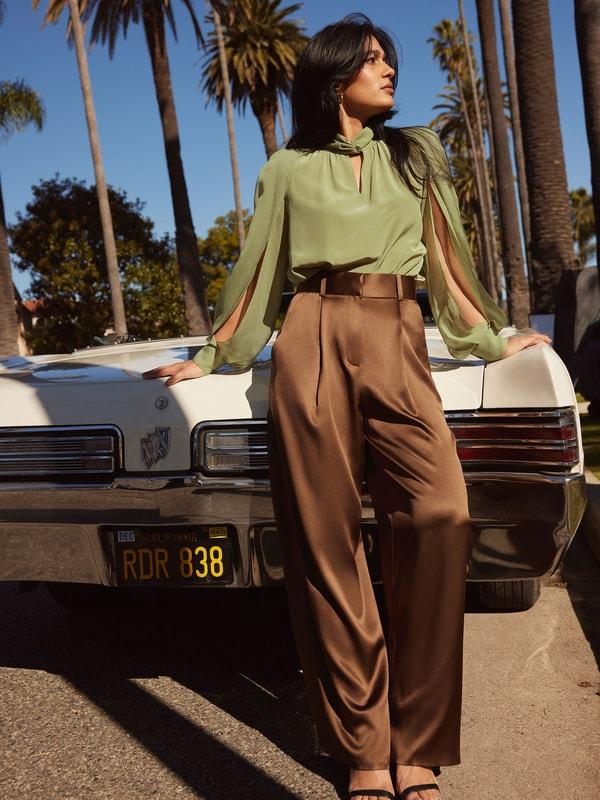 LILYSILK Women's Silk Crepe Side Slit Lantern Sleeve Blouse Top Pistachio XXS Product Image