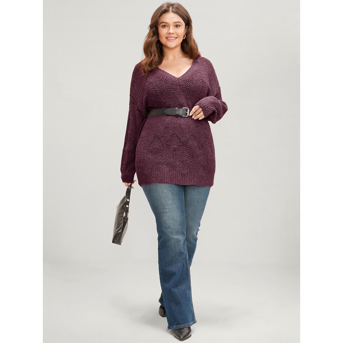 Plus Size Solid Pointelle Knit Eyelet V Neck Heather Knit Top Russet Women Elegant Loose Long Sleeve V-neck Dailywear Pullovers BloomChic 18-20/2X Product Image
