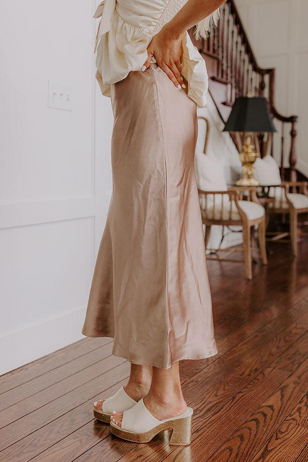 The Adeline High Waist Satin Midi Skirt in Taupe Product Image