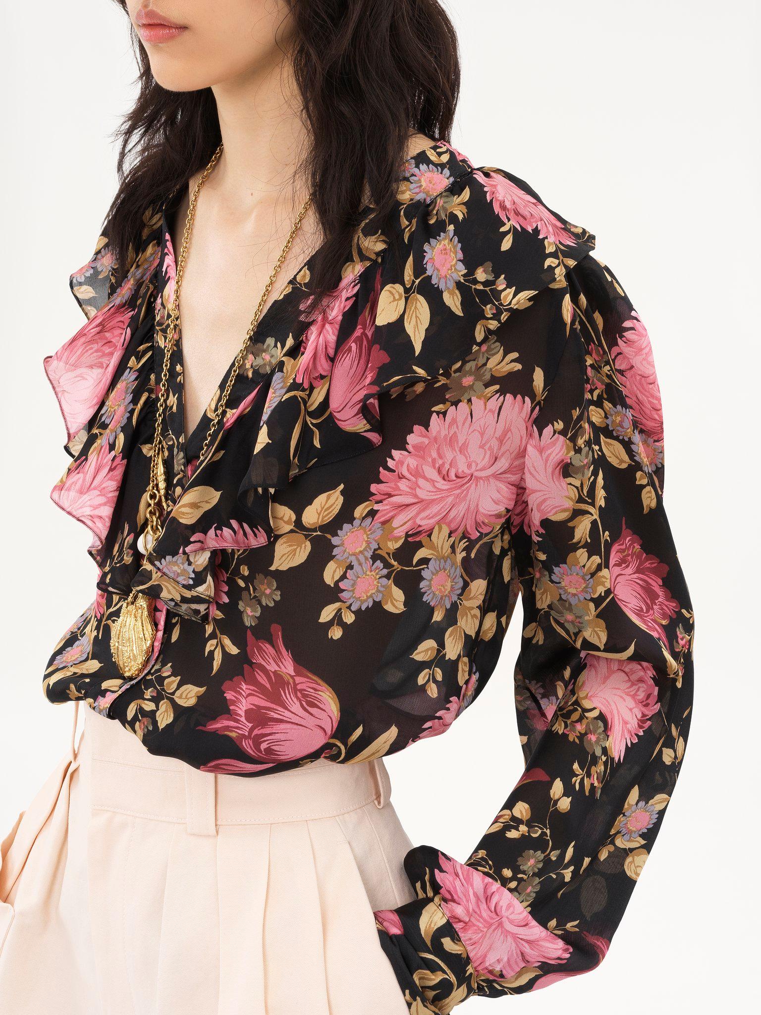 V-neck ruffled blouse in silk charmeuse Product Image