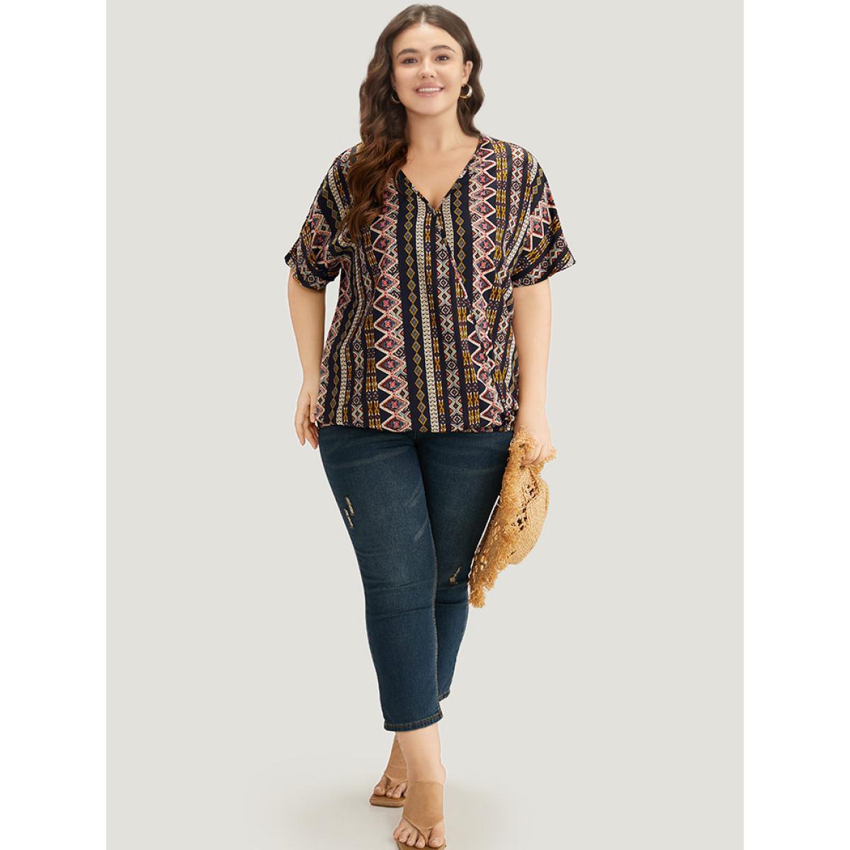 Plus Size Indigo Boho Print V Neck Wrap Blouse Women Vacation Short sleeve V-neck Dailywear Blouses BloomChic 26/4X Product Image