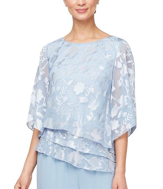 Alex Evenings Petite Size 3/4 Illusion Sleeve Crew Neck Asymmetrical Triple Tier Hem Printed Chiffon Blouse Product Image