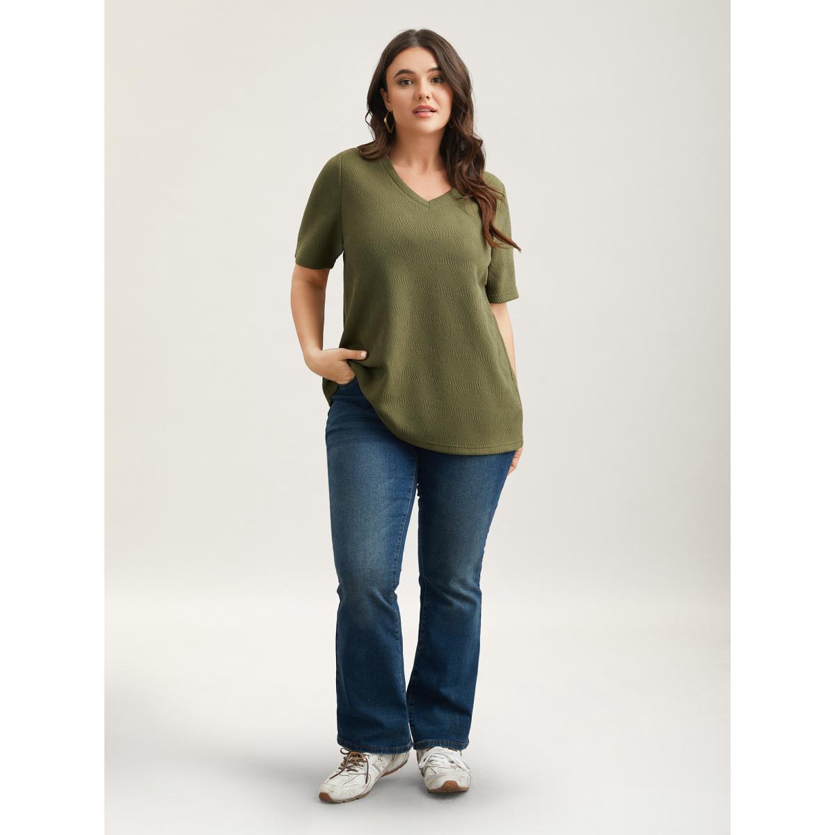 Plus Size Textured V-Neck Half Sleeve T-Shirt ArmyGreen Women Casual Texture V-neck Everyday T-shirts BloomChic 14-16/1X Product Image