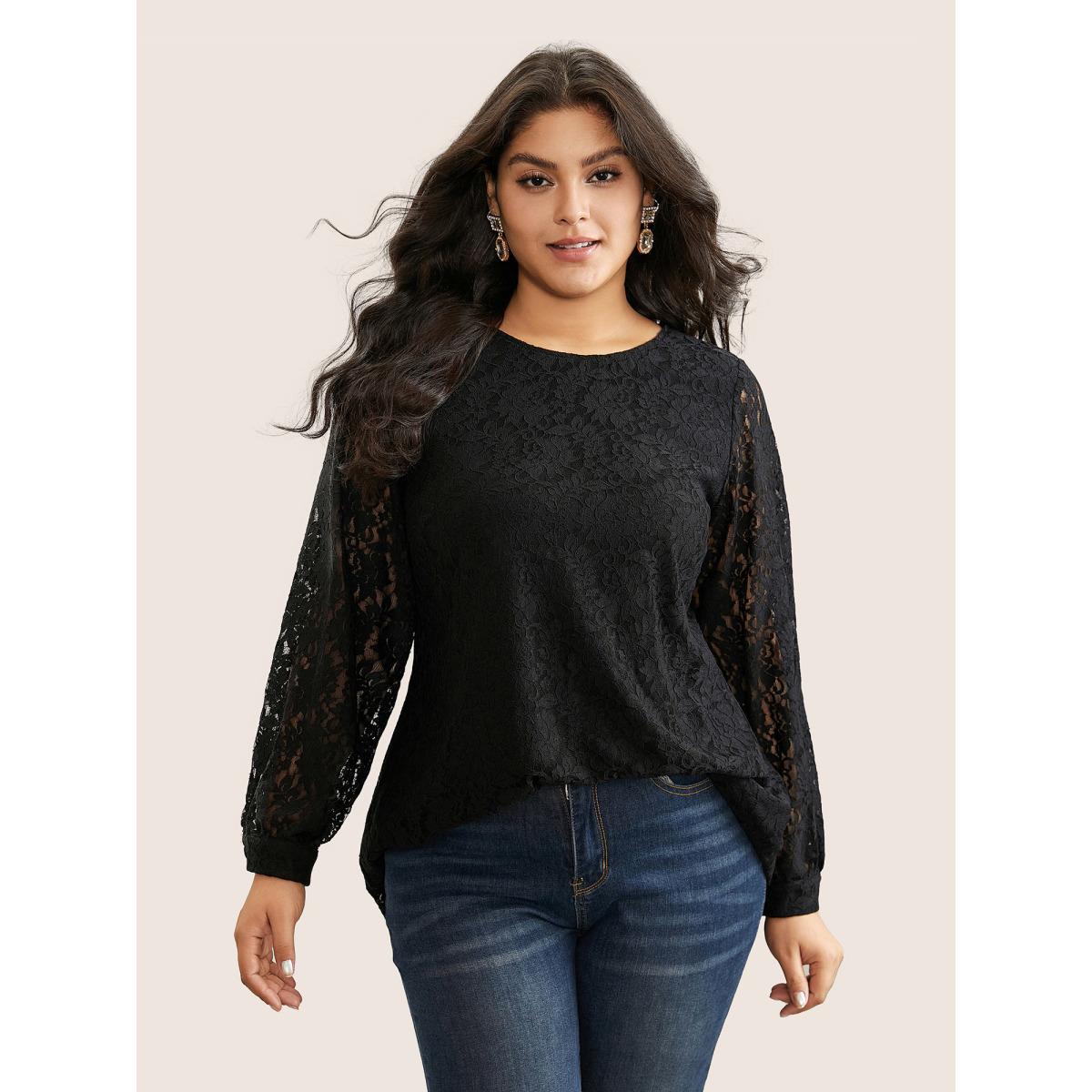 Plus Size Black Solid Crochet Lace Mesh Crew Neck Blouse Women Timeless Long Sleeve Round Neck Elegant Blouses BloomChic 30/6X Product Image