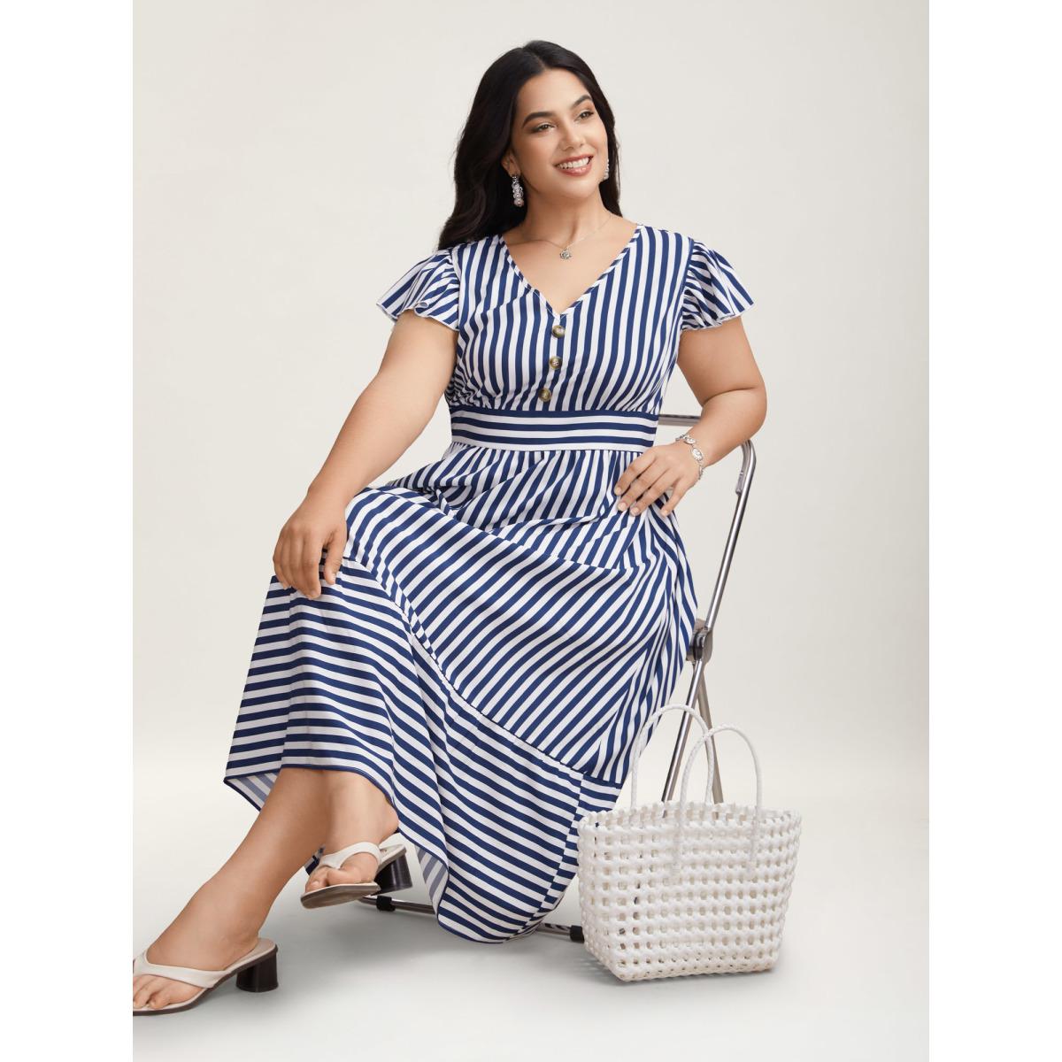 Plus Size Nautical Stripes Stretchy Waist Tiered Midi Dress Navy Women Resort Button V-neck Cap Sleeve Curvy BloomChic 22-24/3X Product Image