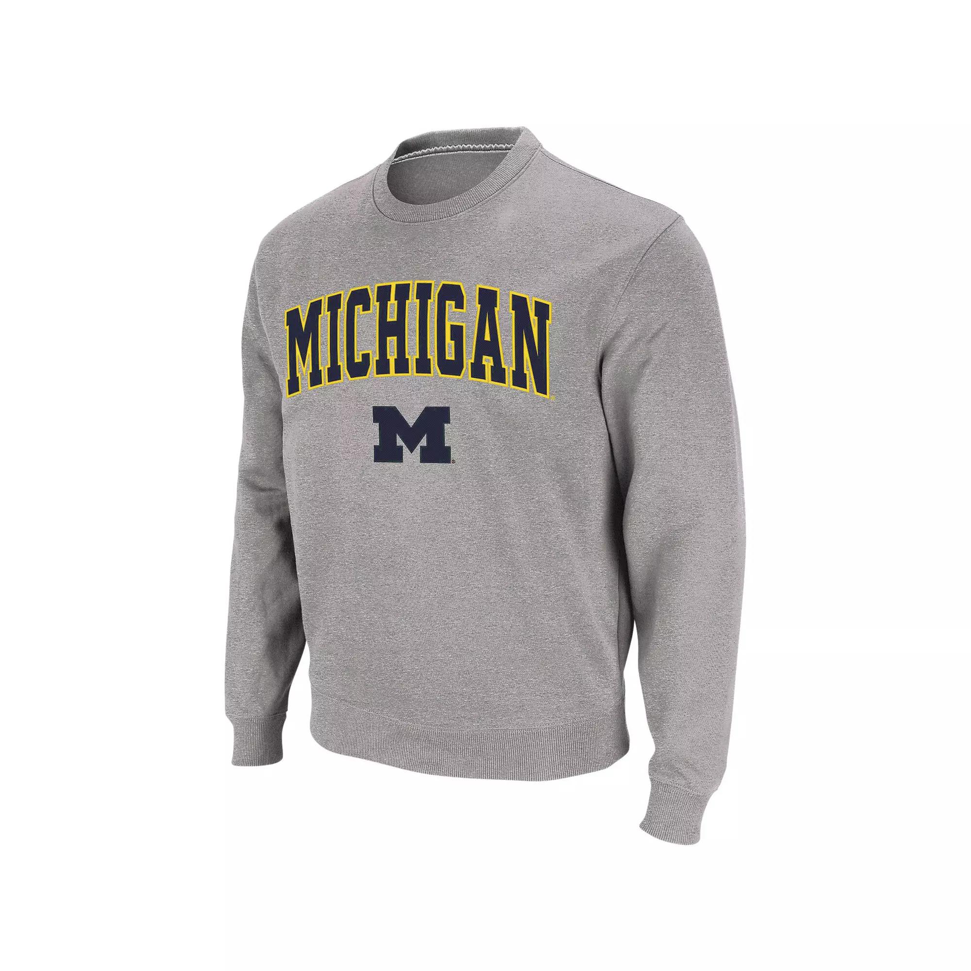 Men's Colosseum Heather Gray Michigan Wolverines Arch & Logo Crew Neck Sweatshirt,  Product Image