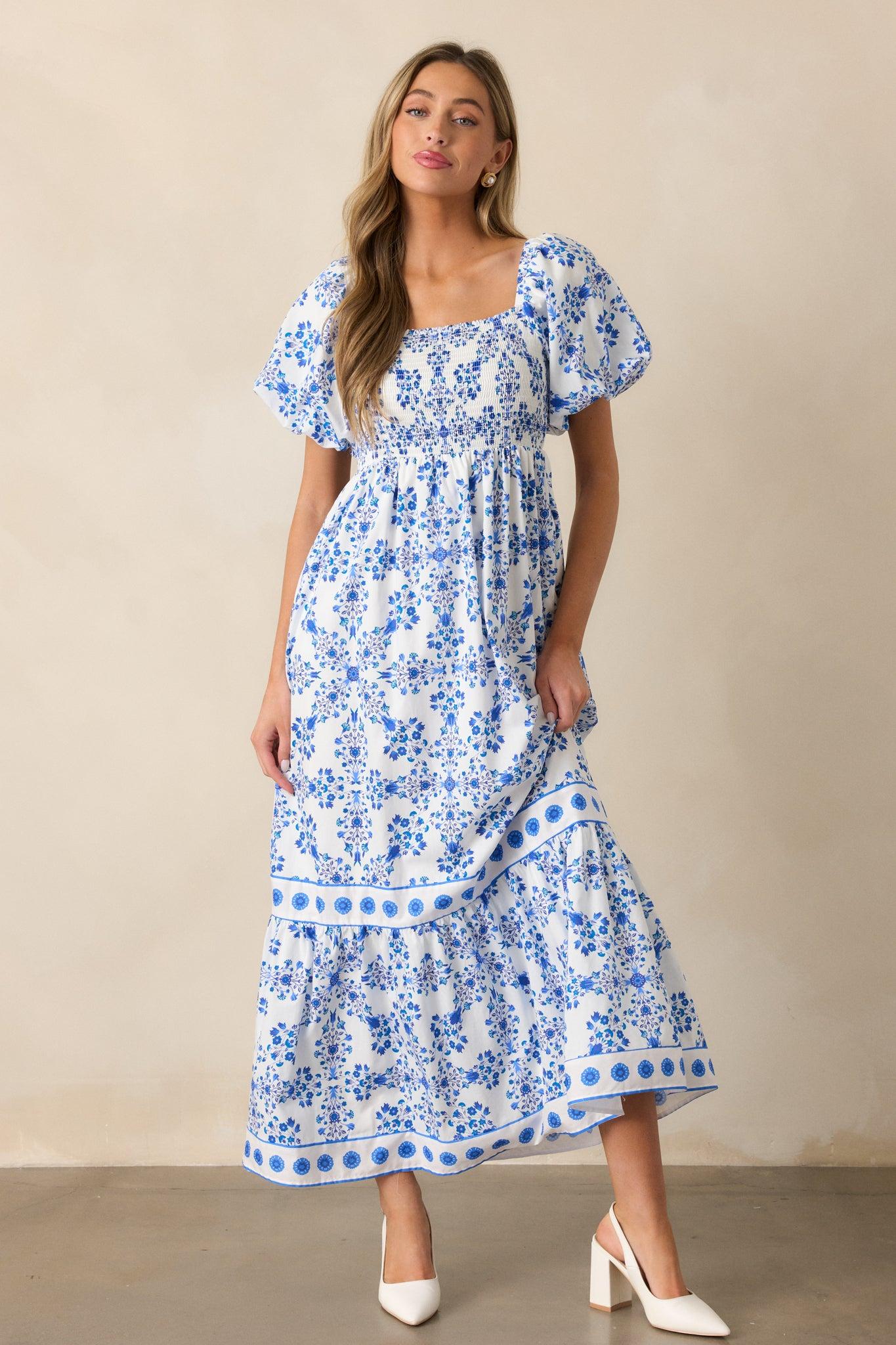 Rosewater Skies Cotton Royal Blue Floral Maxi Dress Product Image