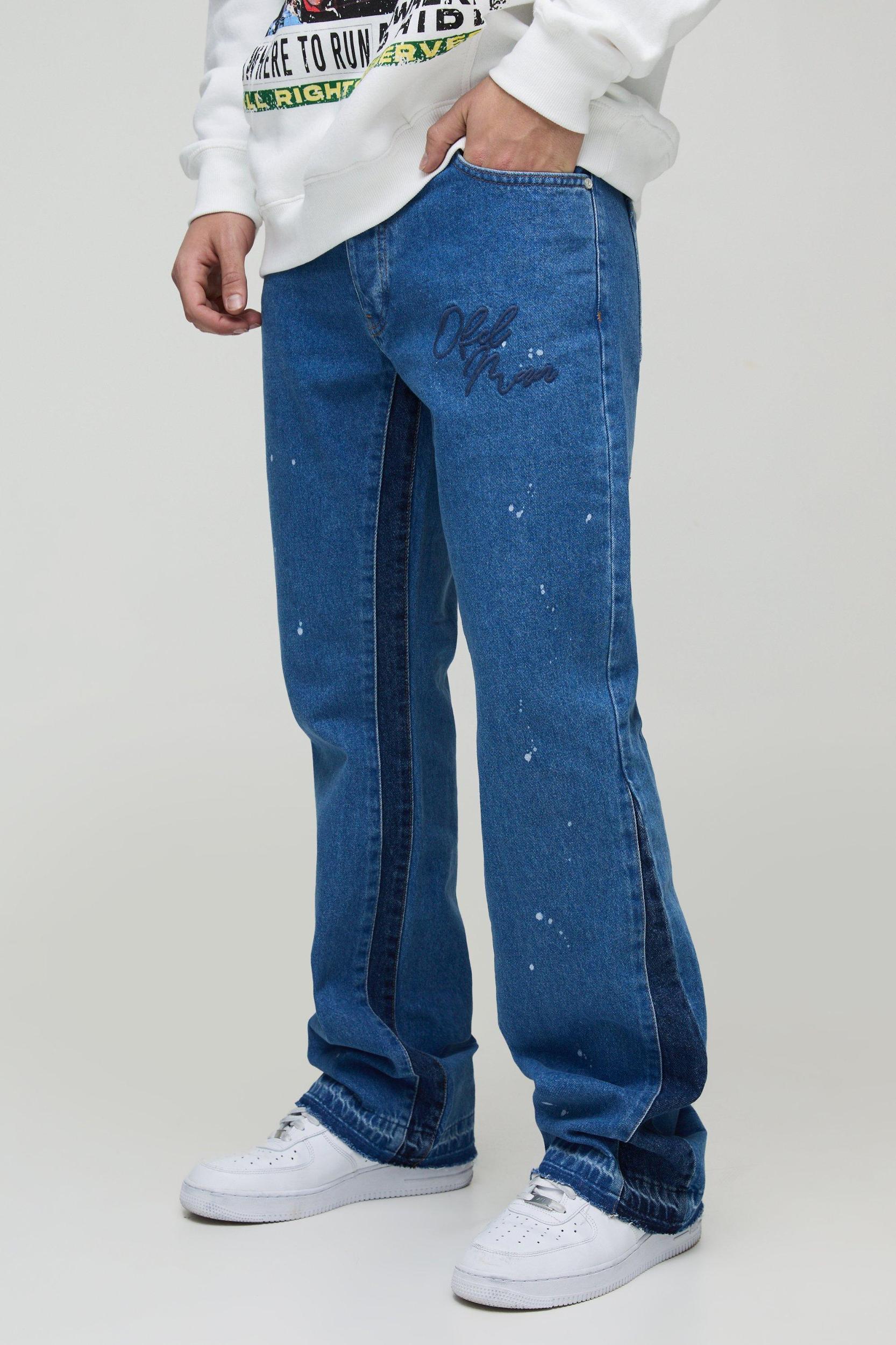 Slim Rigid Flare Embroidery Paint Splatter Gusset Denim Jeans | boohooMAN USA Product Image