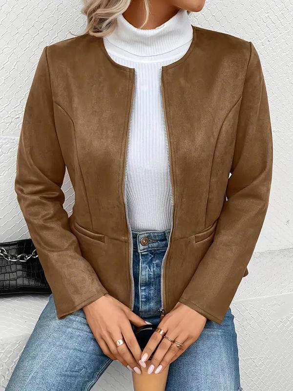 Long Sleeves Loose Pockets Solid Color Split-Joint Zipper Round-Neck Jackets Outerwear Product Image
