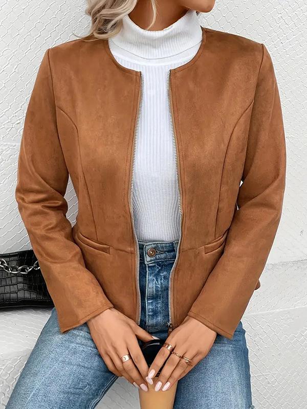 Long Sleeves Loose Pockets Solid Color Split-Joint Zipper Round-Neck Jackets Outerwear Product Image