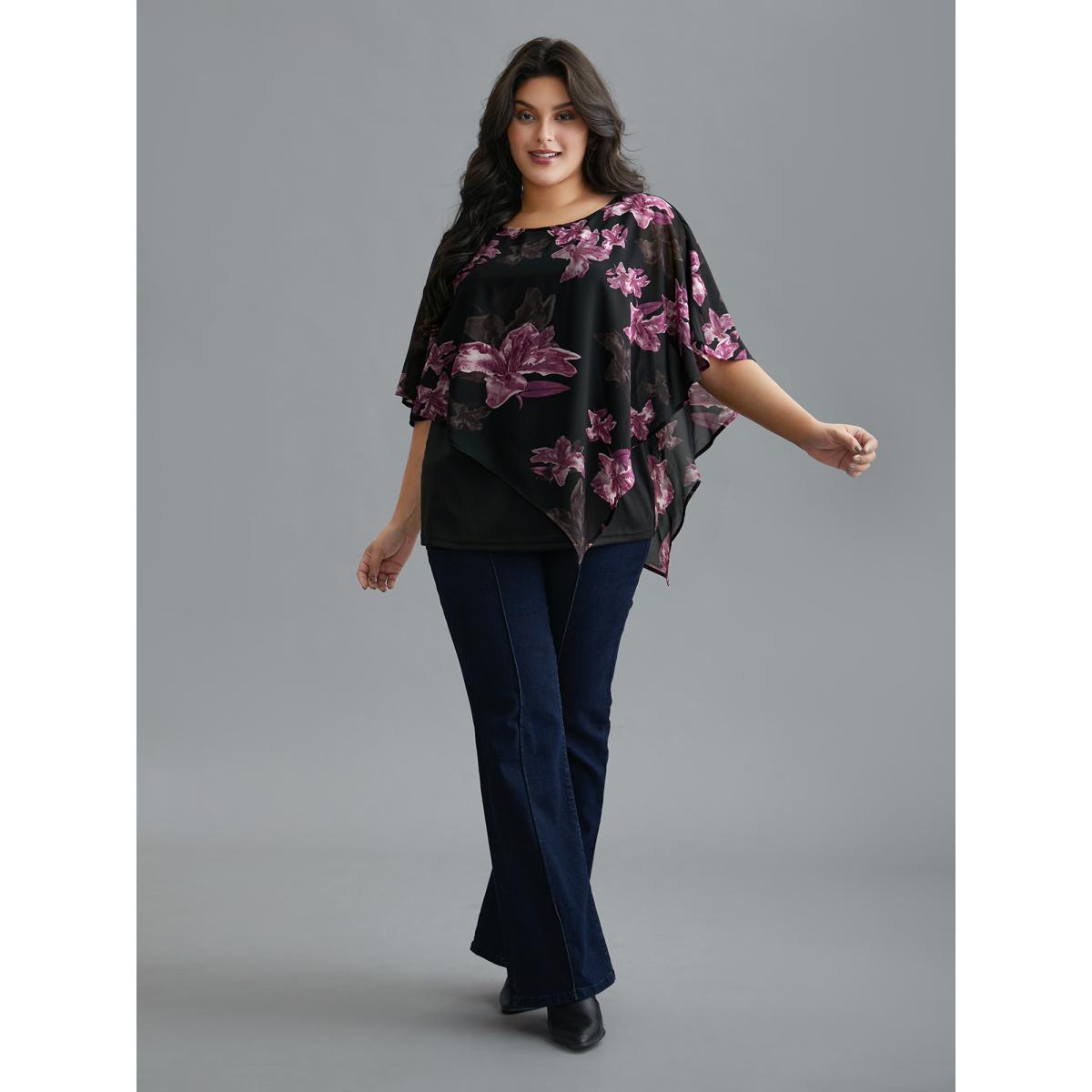 Plus Size Black Floral Asymmetrical Sheer Dolman Sleeve Blouse Women Elegant Elbow-length sleeve Round Neck Everyday Blouses BloomChic 18-20/2X Product Image