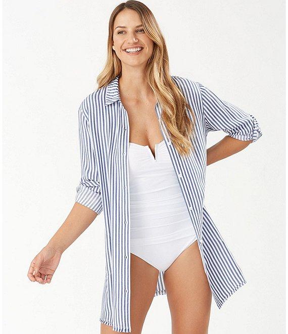 Tommy Bahama Chambray Stripe Boyfriend Shirt Swim Cover-Up Product Image