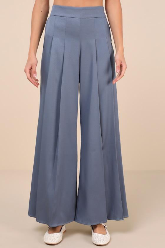 Sophisticated Inspiration Slate Blue High-Rise Wide-Leg Trousers Product Image