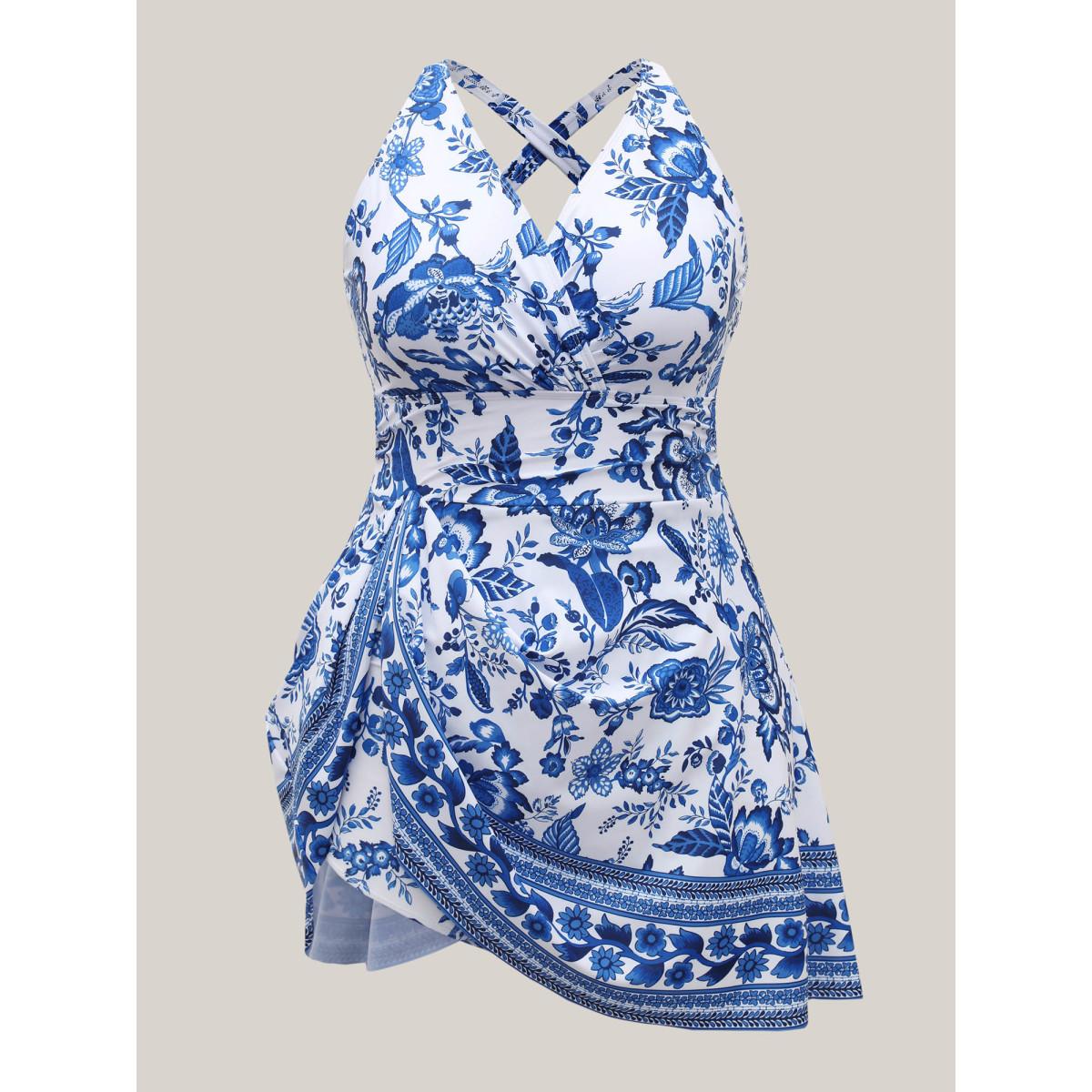 Plus Size Boho Print Ruched Pockets Swim Dress Women's Swimwear Originalwhite Resort Bodycon Overlap Collar High stretch Curve Swim Dresses BloomChic 12/L Product Image