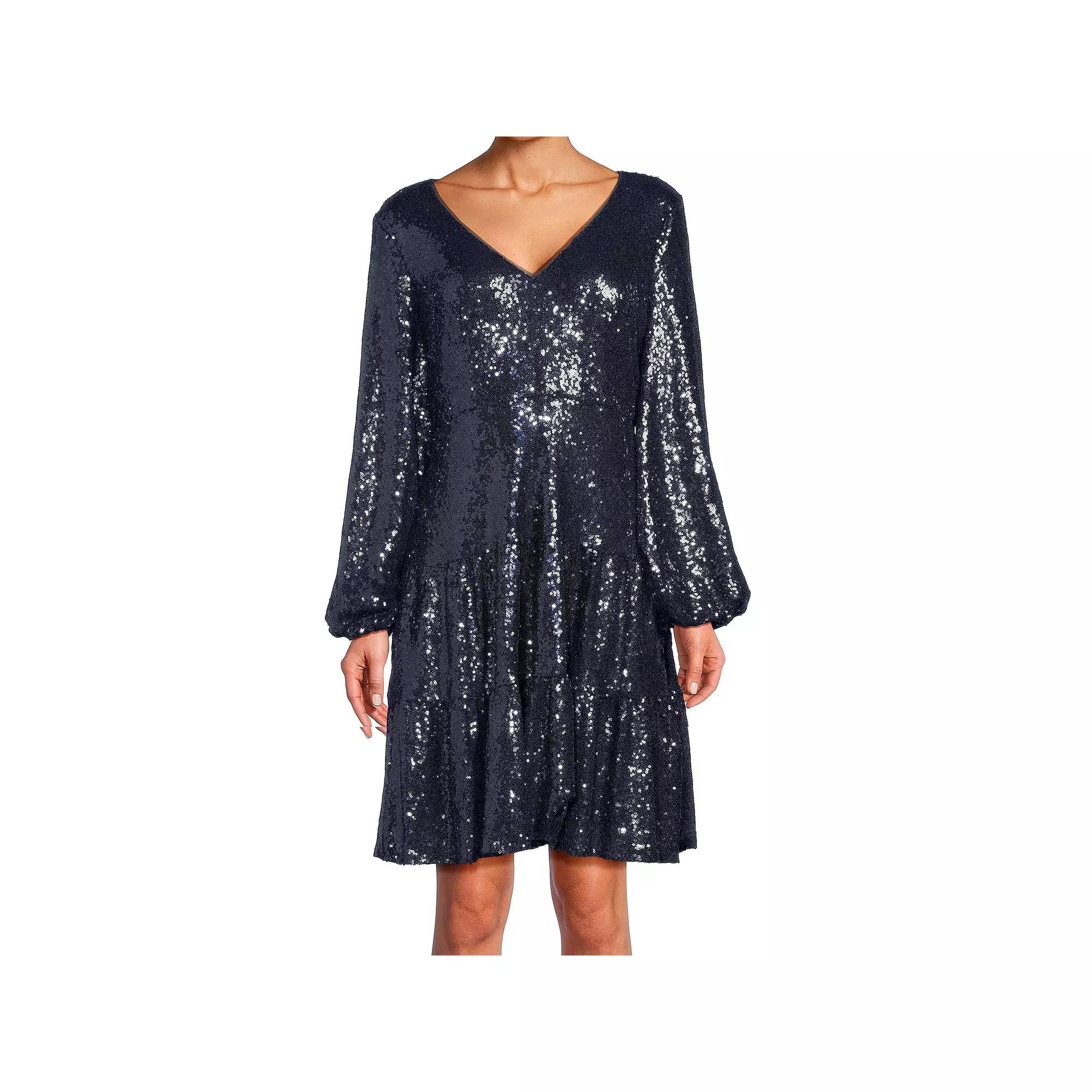Women's Focus By Shani Fit & Flare V-Neck Sequin Dress, Size: 14, Blue Product Image