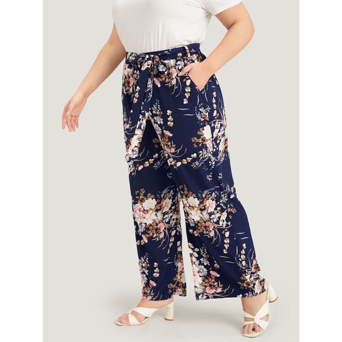 Plus Size Floral Pocket High Rise Wide Leg Belt Pants Women Indigo Elegant Loose High Rise Dailywear Pants BloomChic 14-16/1X Product Image
