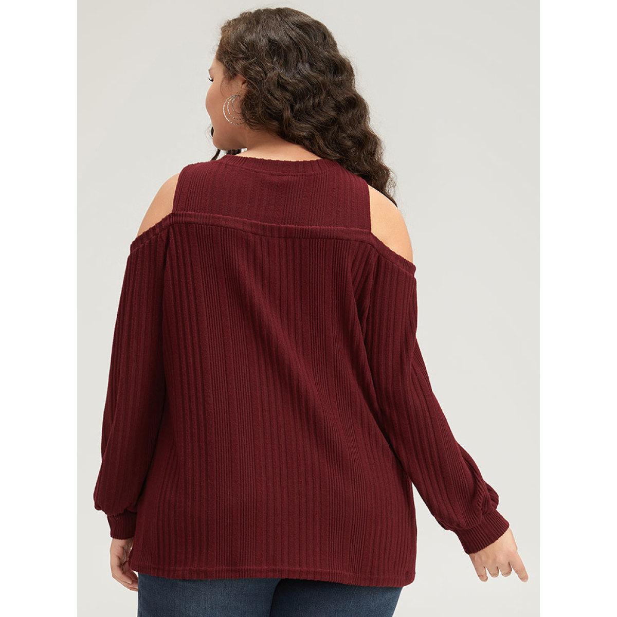 Plus Size Plain Rib Knit Elastic Cuffs Cold Shoulder Sweatshirt Women Scarlet Elegant Elastic cuffs Round Neck Dailywear Sweatshirts BloomChic 14-16/1X Product Image