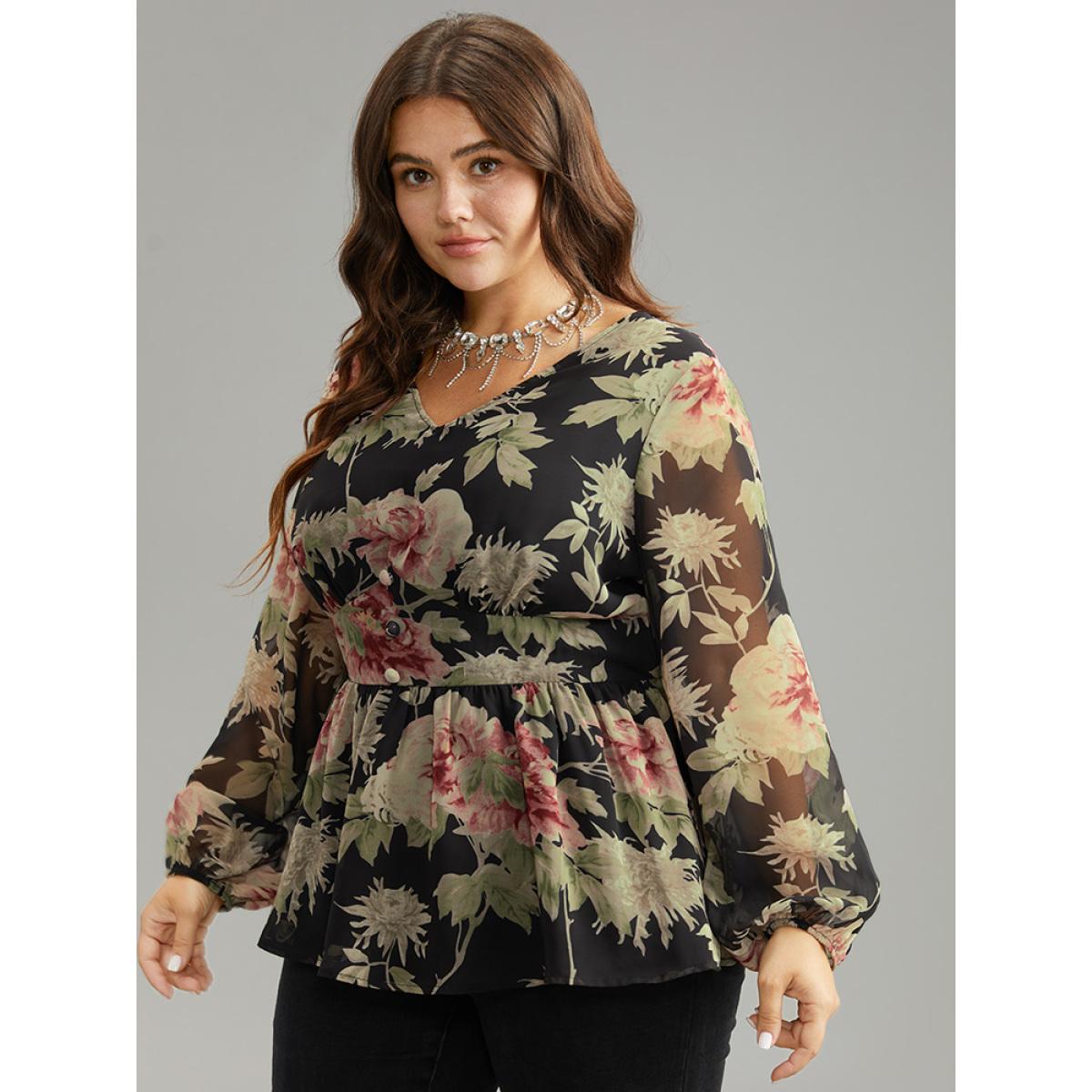Plus Size Black Floral Flutter Hem Elastic Waist Blouse Women Elegant Long Sleeve V-neck Everyday Blouses BloomChic 28/5X Product Image