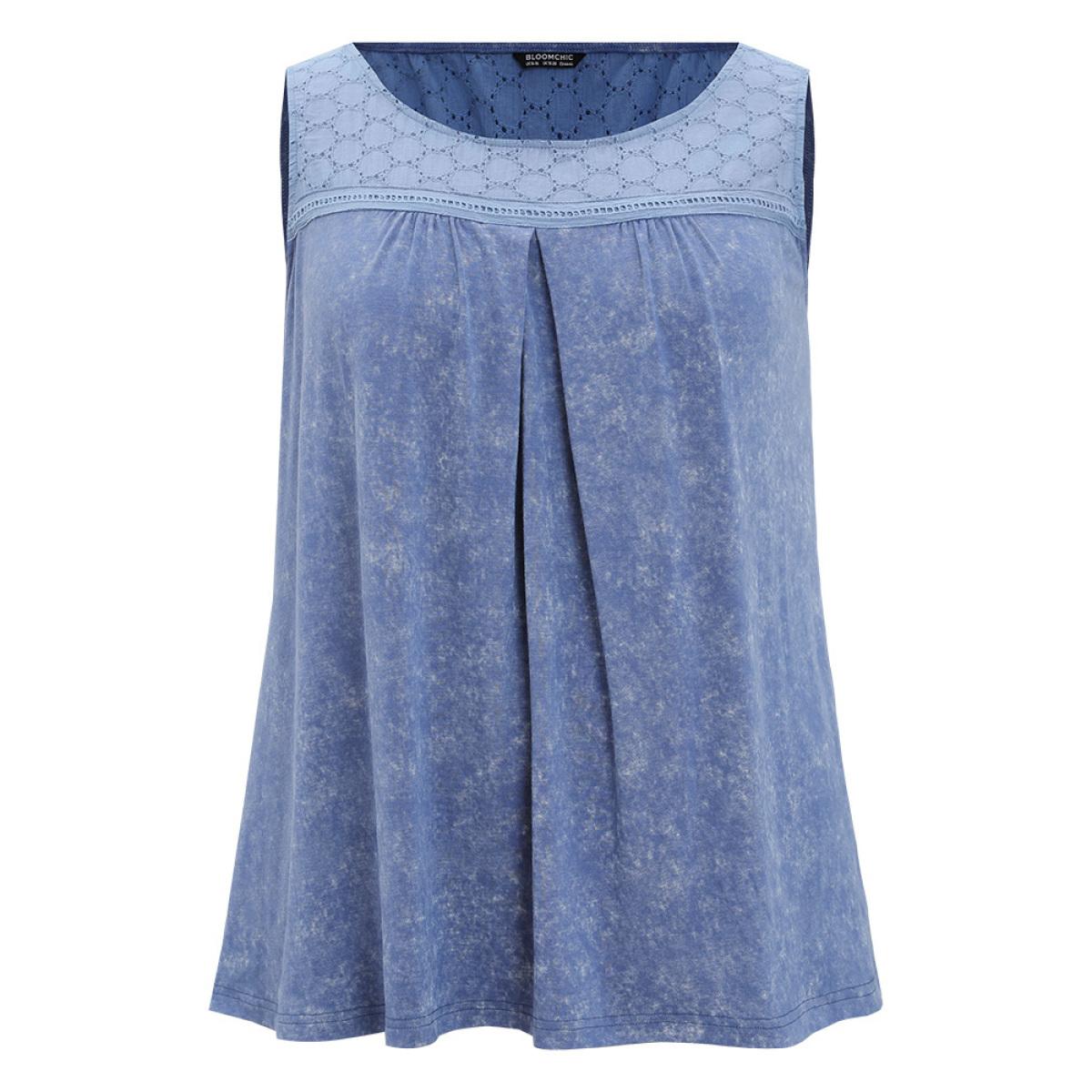 Plus Size Solid Plicated Detail Crochet Lace Tank Top Women Stone Elegant Gathered Round Neck Dailywear Tank Tops Camis BloomChic 12/L Product Image