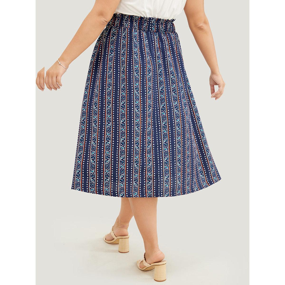 Plus Size Striped Print Pocket Paperbag Waist Skirt Women Indigo Vacation No stretch Pocket Dailywear Skirts BloomChic 18-20/2X Product Image