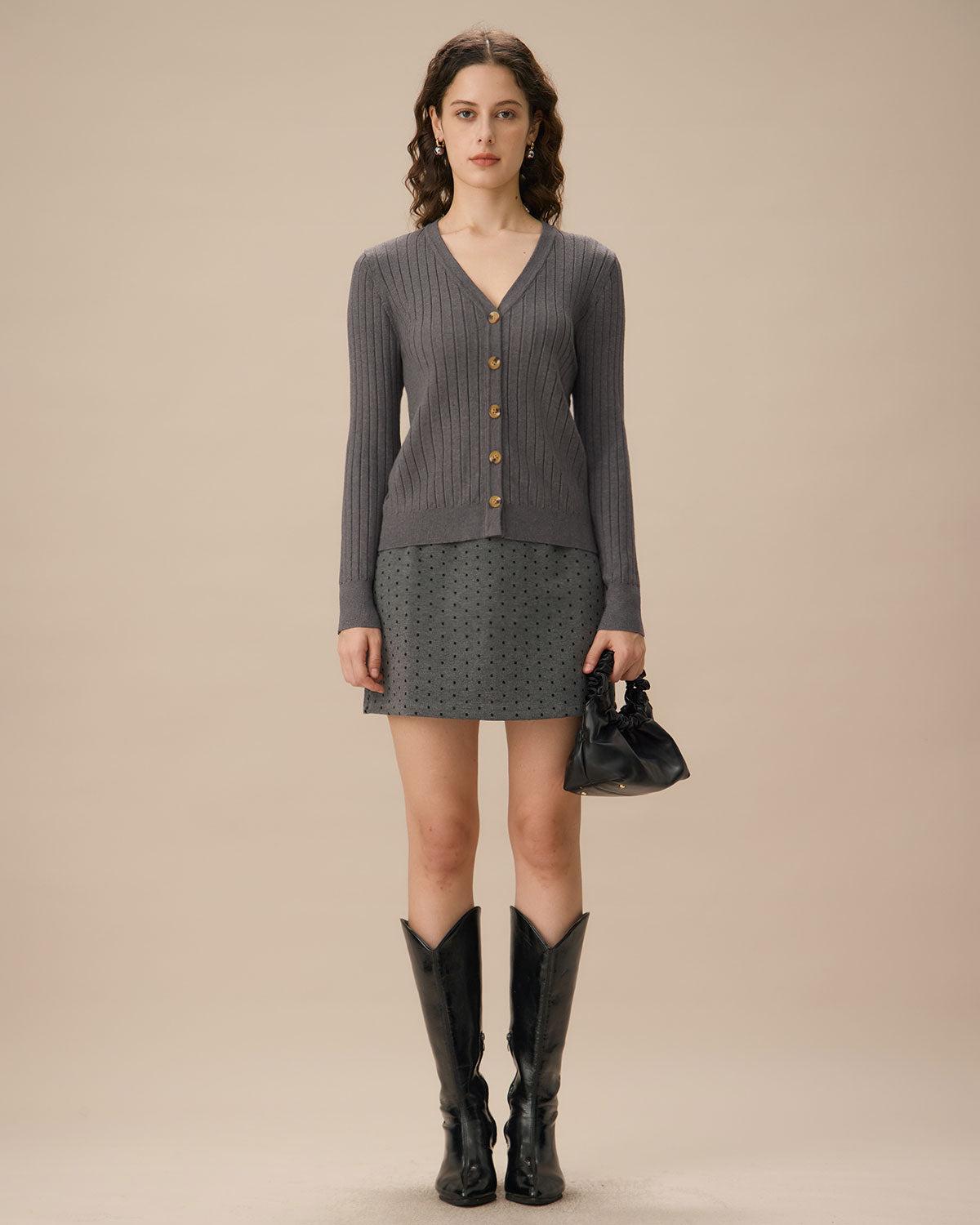 Grey V-Neck Single-breasted Cardigan Product Image