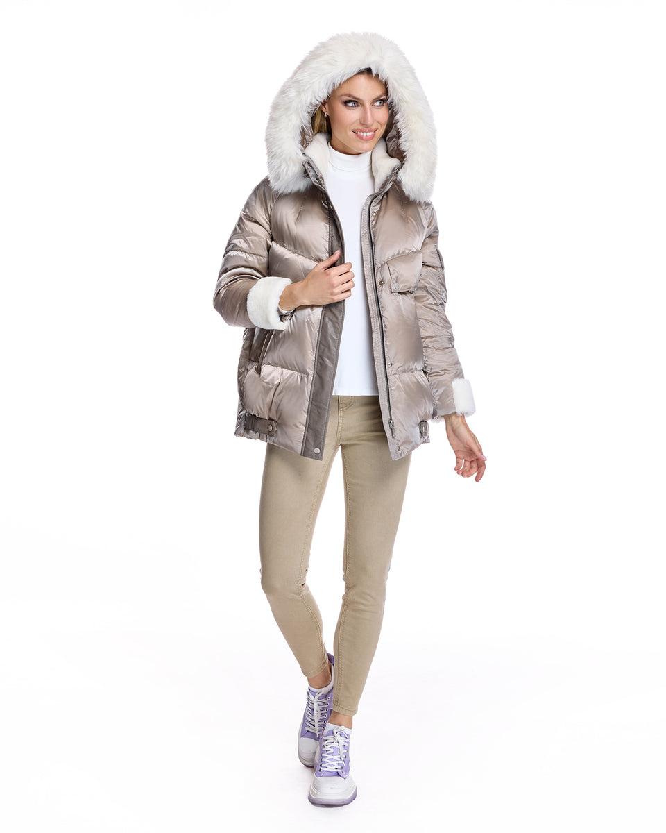 Julia & Stella by Maximilian Hooded Puffer with Lamb Trim-Maximilian Product Image