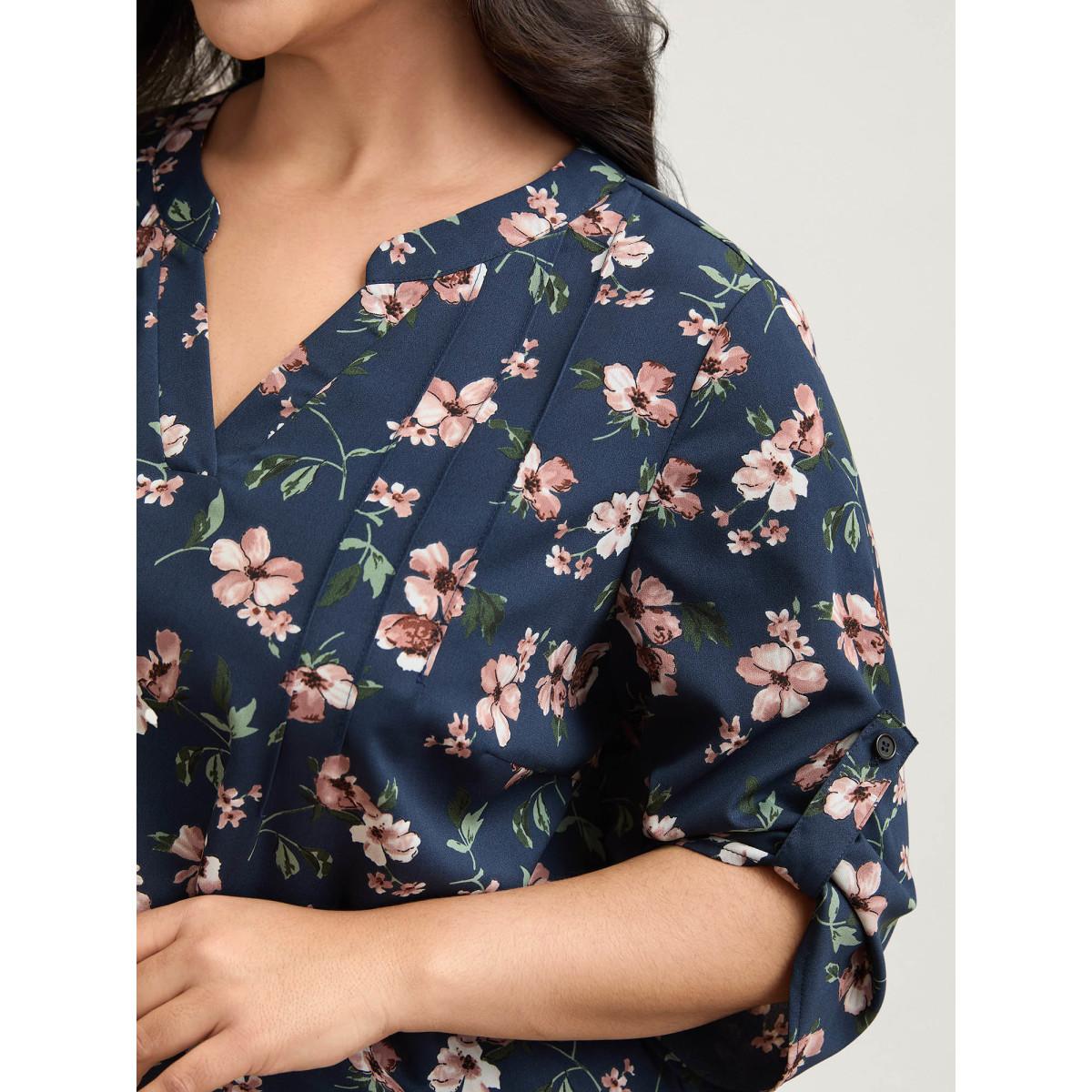 Plus Size Indigo Floral Print Tab Sleeve Pintuck Shirt Women Elegant Elbow-length sleeve Notched collar Everyday Blouses BloomChic 12/L Product Image