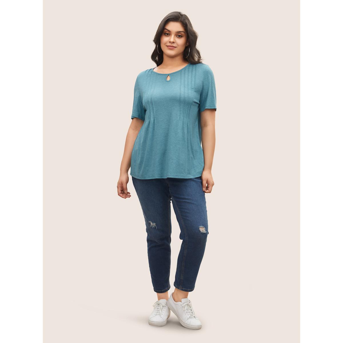 Plus Size Solid Seam Detail Keyhole T-shirt LightBlue Women Casual Pleated Round Neck Everyday T-shirts BloomChic 10/M Product Image