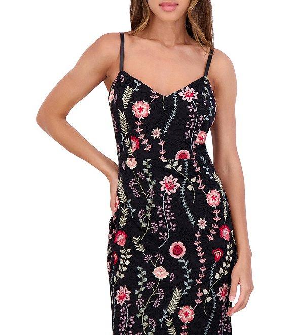 SIENA V-Neck Spaghetti Strap Floral Embroidered Lace Sheath Ruffle Hem Midi Dress Product Image