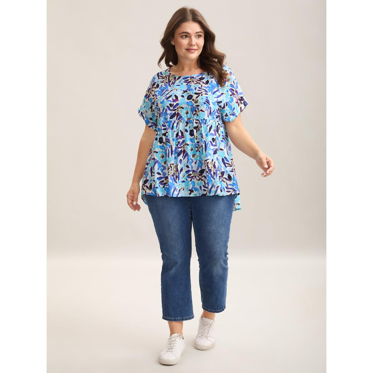 Plus Size LightBlue Fruit Print Curved Hem Batwing Sleeve Blouse Women Leisure Cap Sleeve Round Neck Casual Blouses BloomChic 30/6X Product Image