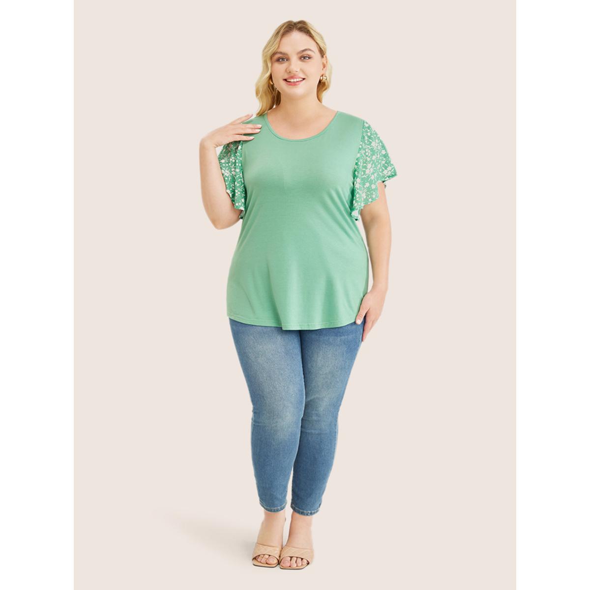 Plus Size Ditsy Floral Ruffle Sleeve Round Neck T-Shirt Mint Women Elegant Ditsy Floral Everyday T-shirts BloomChic 30/6X Product Image