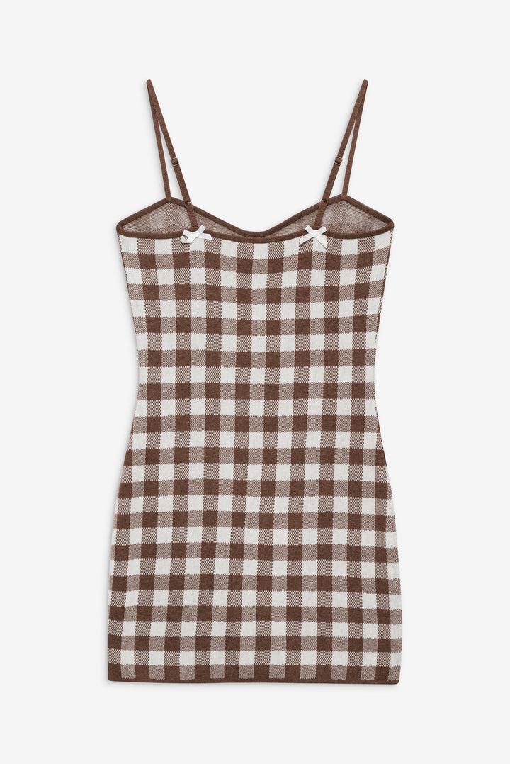 Gingham Knit Mini Dress — Brown Product Image