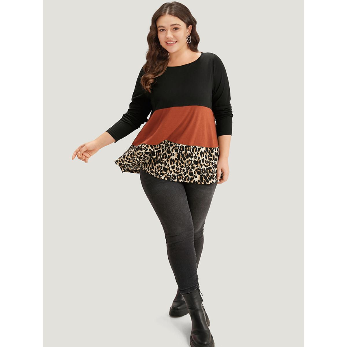 Plus Size Colorblock Leopard Contrast Round Neck T-shirt Chocolate Women Casual Contrast Leopard Round Neck Everyday T-shirts BloomChic 18-20/2X Product Image